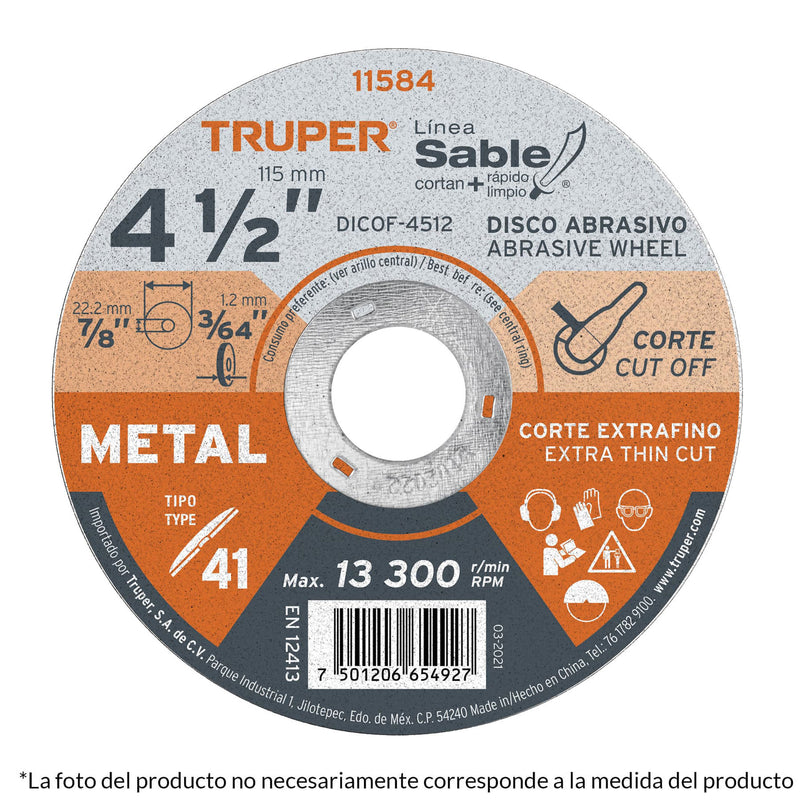 Disco TRUPER tipo 41 de 4-1/2" x 1.6 mm corte fino de metal