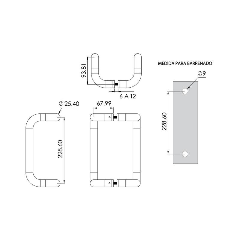 Jaladera tubular de aluminio 1" con curva Modelo 2201