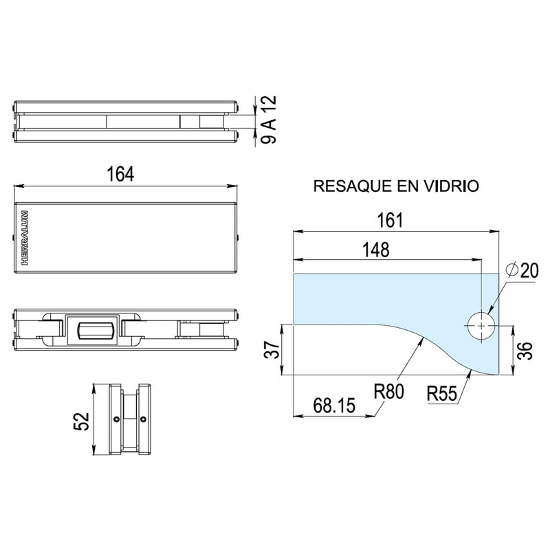 HERRAJE INFERIOR PARA PUERTA DE VIDRIO