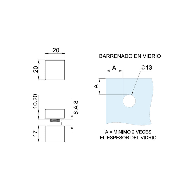 CONECTOR CUADRADO PARA VIDRIO