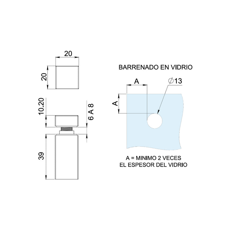 CONECTOR CUADRADO PARA VIDRIO