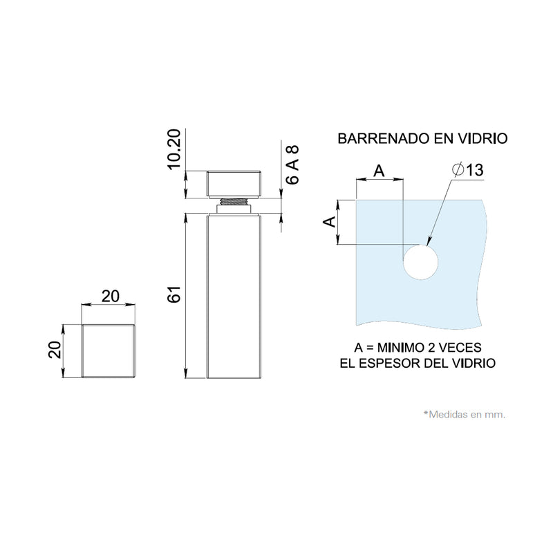 CONECTOR CUADRADO PARA VIDRIO